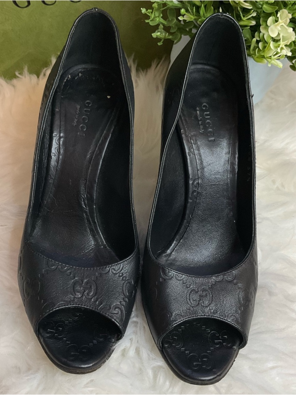 Gucci Black Guccissima Peep-Toe Heels - Picture 1 of 13